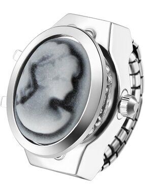 Unisex Grey Analog Quartz Flip Cover Stainless Steel Stretchy Finger Ring Watch